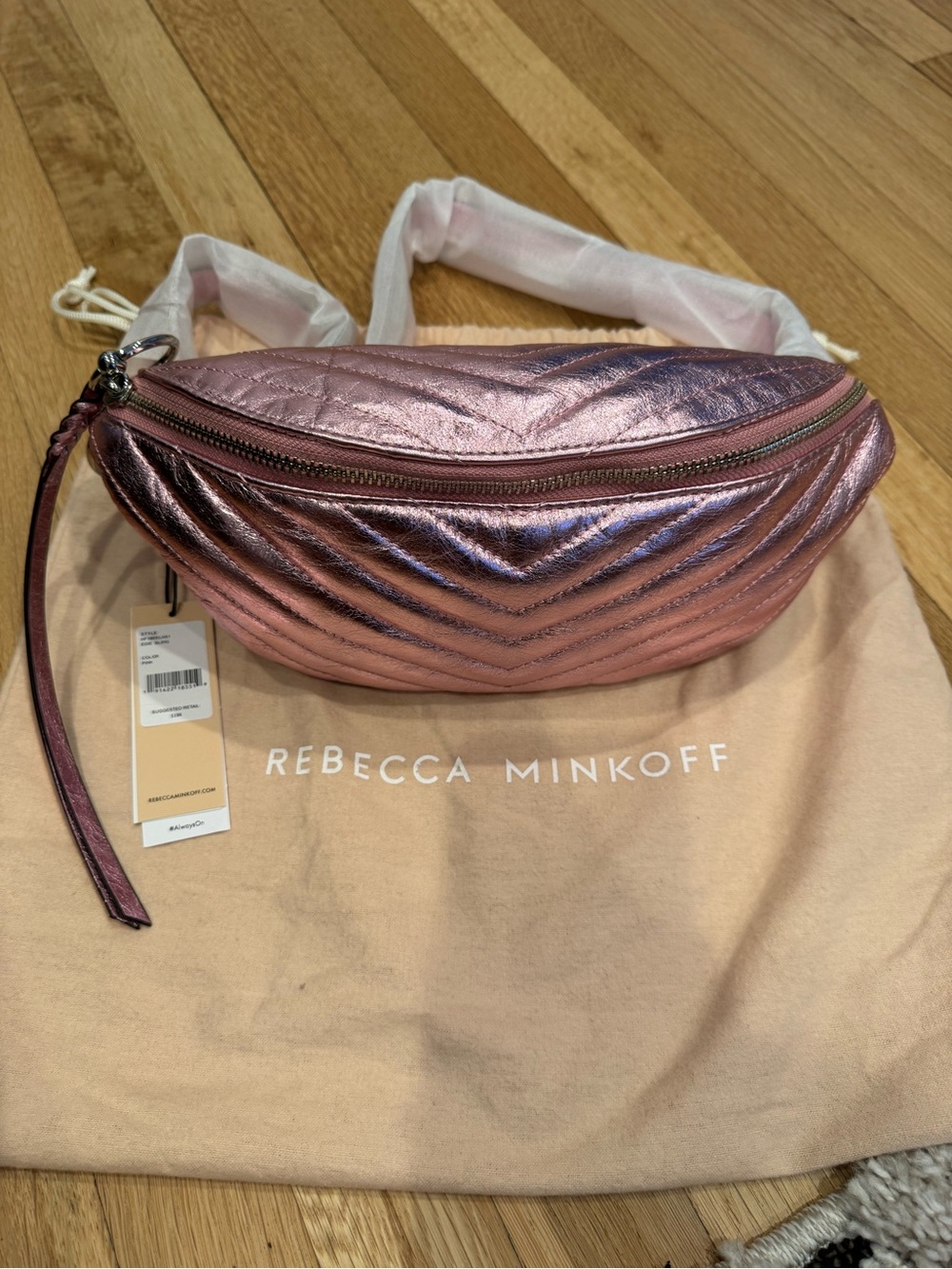 Rebecca Minkoff Metallic Rose Pink Quilted Crossbody Belt Bag NWT - Picture 2 of 16